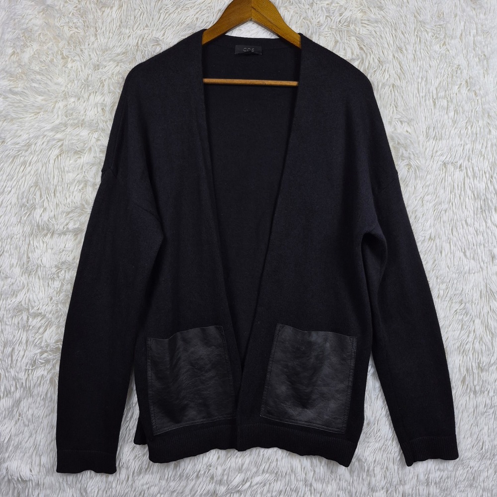 COS Black Wool Cotton Blend Drape Cardigan Leather Patch Open Front Womens M